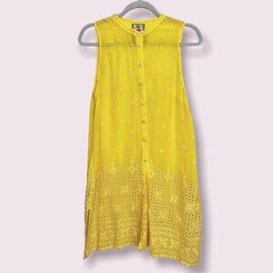 Johnny Was Darla Embroidered Sleeveless Long Button Front Tunic Yellow Small